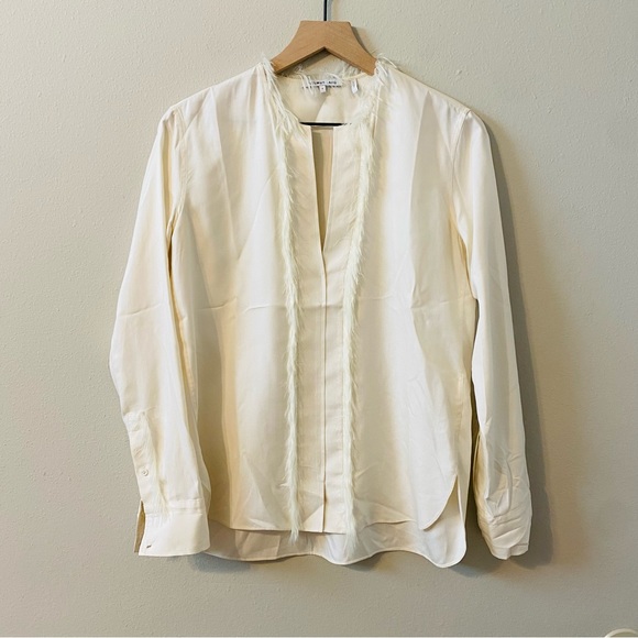 Helmut Lang Feather Fringe Twill Ecru Silk Blouse with feather trim size small - Picture 2 of 7
